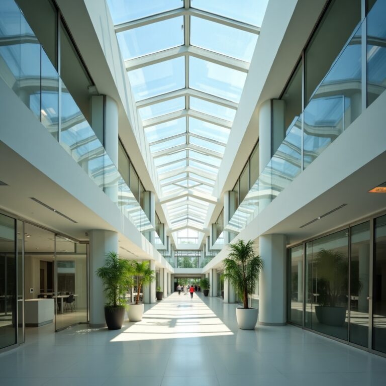 A modern commercial building interior with large custom skylights designed for maximum energy efficiency and aesthetics. Natural sunlight floods the space, reducing the need for artificial lighting. The skylights have sleek architectural frames with a futuristic yet elegant design, blending seamlessly with the ceiling. The scene highlights eco-friendly architecture, sustainable energy use, and visual beauty. The space looks bright, airy, and professional, showcasing the power of custom commercial skylights in combining sustainability with style.